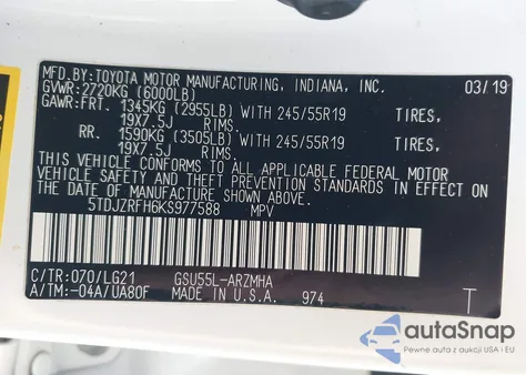 2019 Toyota Highlander Se from USA, damaged, VIN 5TDJZRFH6KS977588